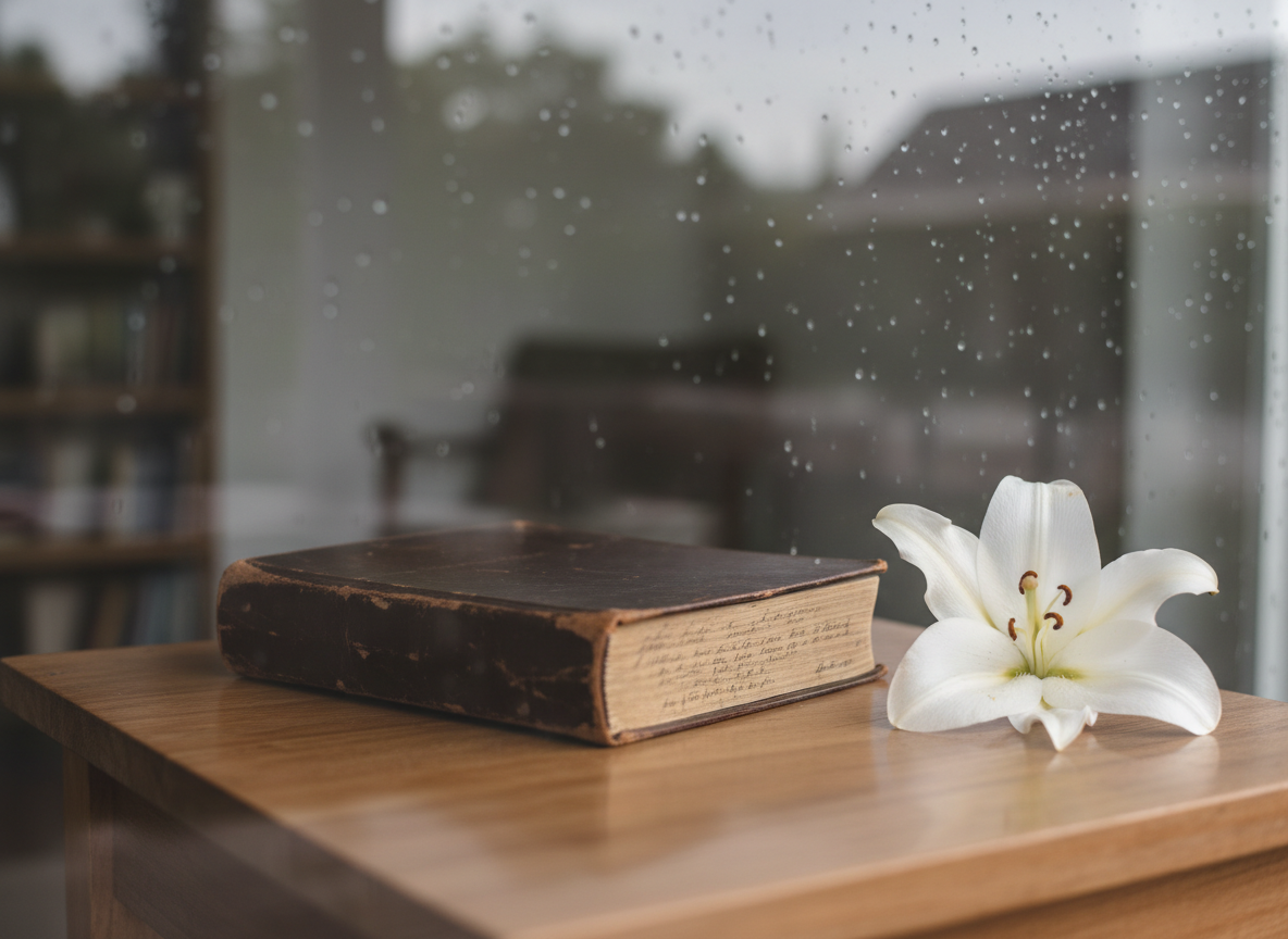 A worn, leather-bound journal lying open on a simple wooden table, its pages filled with soft, handwritten lines that trail off near the bottom. Next to it, a single white lily rests gently, a few petals slightly curled. The scene sits near a rain-streaked window, with overcast afternoon light diffused through the glass, casting muted reflections on the table’s surface. In the blurred background, a quiet, uncluttered room suggests solitude and reflection. Photographic realism with a shallow depth of field, shot at eye level, emphasizes the journal and flower as symbols of grief, memory, and the slow, private process of healing after loss. The mood is tender, introspective, and respectfully somber.