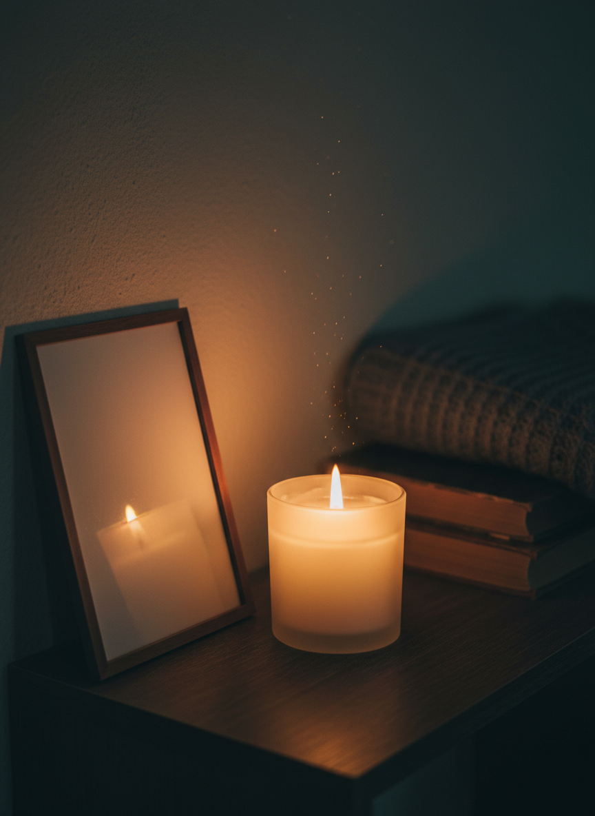 A small, softly glowing candle in a simple frosted glass holder, placed on a dark wooden shelf beside a framed blank card leaning slightly against the wall. The flame’s warm light flickers gently, illuminating faint dust particles in the air and creating a halo on the nearby wall. In the background, out of focus, is a quiet corner with stacked books and a folded knit blanket, hinting at comfort and retreat. Captured in photographic realism from a slightly elevated angle, with strong contrast between the warm candlelight and the dim surrounding room. The mood is contemplative and hopeful, suggesting remembrance, resilience, and a safe space to sit with grief without being overwhelmed.
