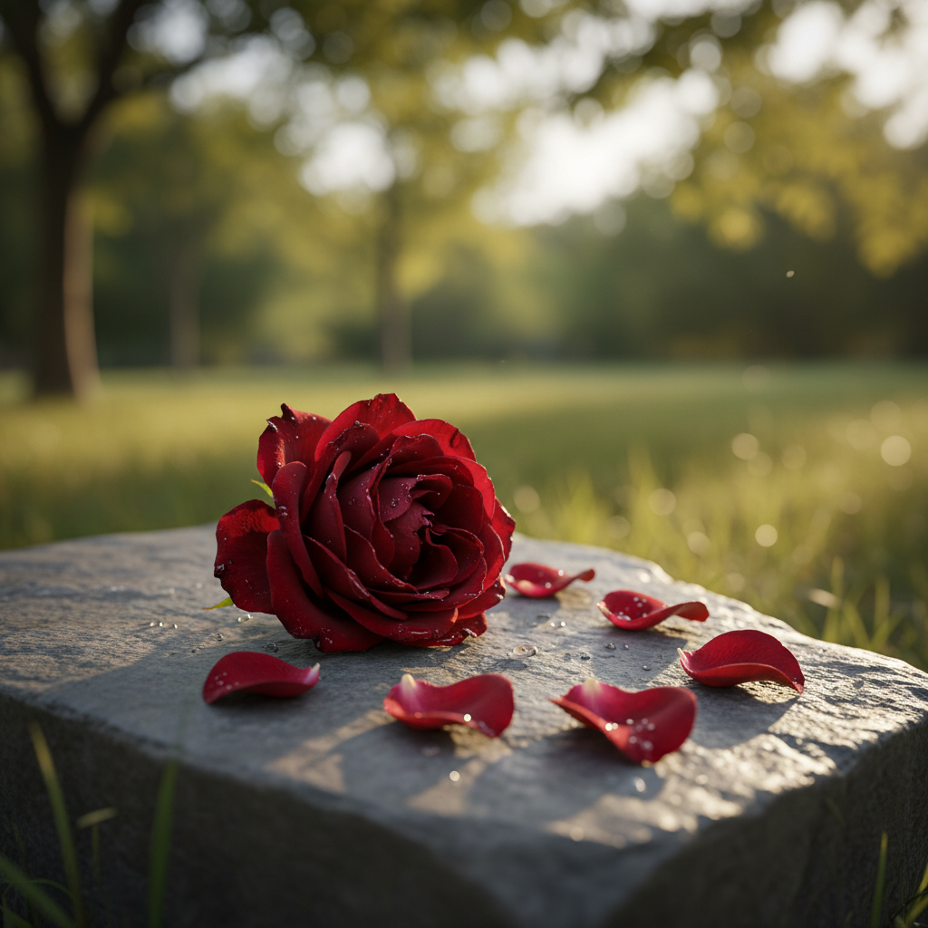A single, slightly wilted rose laid across a smooth, gray stone surface, its deep red petals scattered in a small, deliberate arc beside it. The stone rests outdoors in a simple garden space, with soft, late-afternoon light filtering through trees and creating dappled patterns on the ground. Dew or recent raindrops cling to the petals and stone, catching subtle highlights. Photograph captured from a close-up, low angle with shallow depth of field, allowing the background foliage to melt into a soft green and gold bokeh. The scene feels quiet, honest, and unpolished, reflecting raw grief intertwined with the enduring beauty of love and memory.
